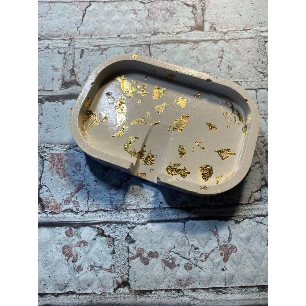 Handmade Soap Dish Cement Soap Holder Bathroom Kitchen Self Draining Gold Flake